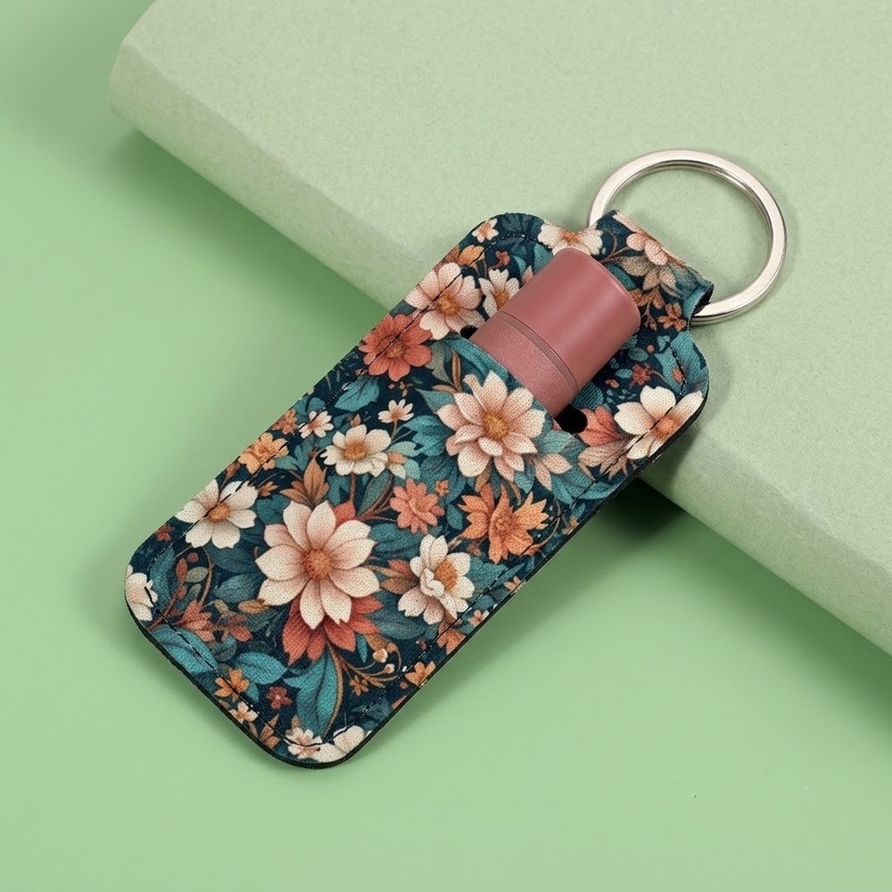 Floral Neoprene Chapstick Holder Keychain Daisy Teal Orange Lip Balm Sleeve